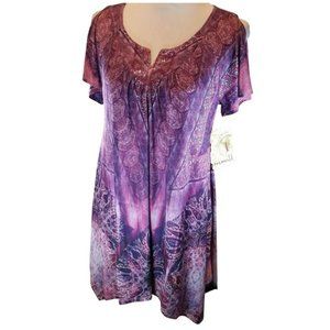 NEW- One World Purple Print Cold Shoulder Tunic Top Size Medium